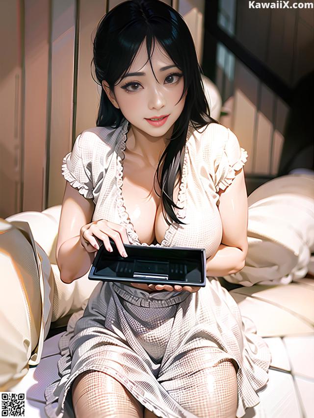 A woman sitting on a bed holding a tablet computer.