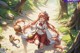 A girl in a white dress is walking down a path with a squirrel.