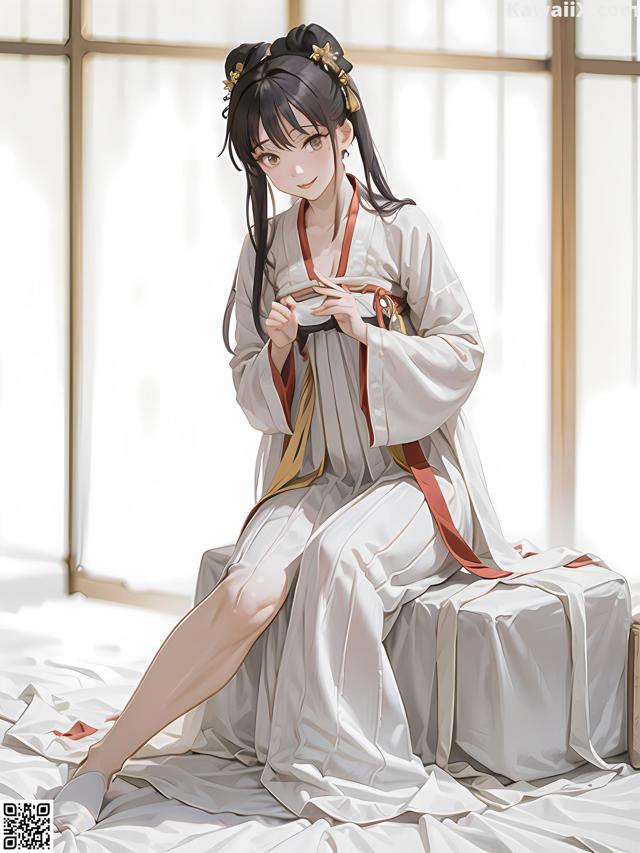 A woman in a white kimono sitting on a bed.