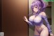 Anime girl in a purple outfit leaning against a door.