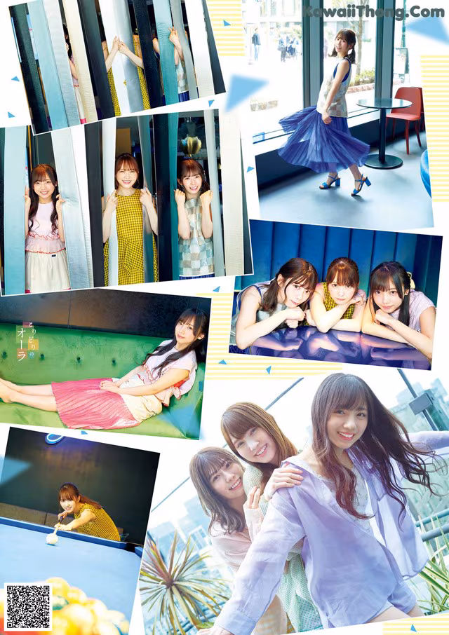 A collage of photos of a group of young women posing for a picture.